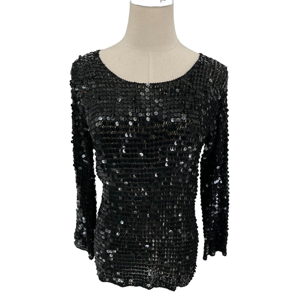 Belldini Black Sequin Knit Top Women's Size Large Long Sleeve Scoop Neck Party